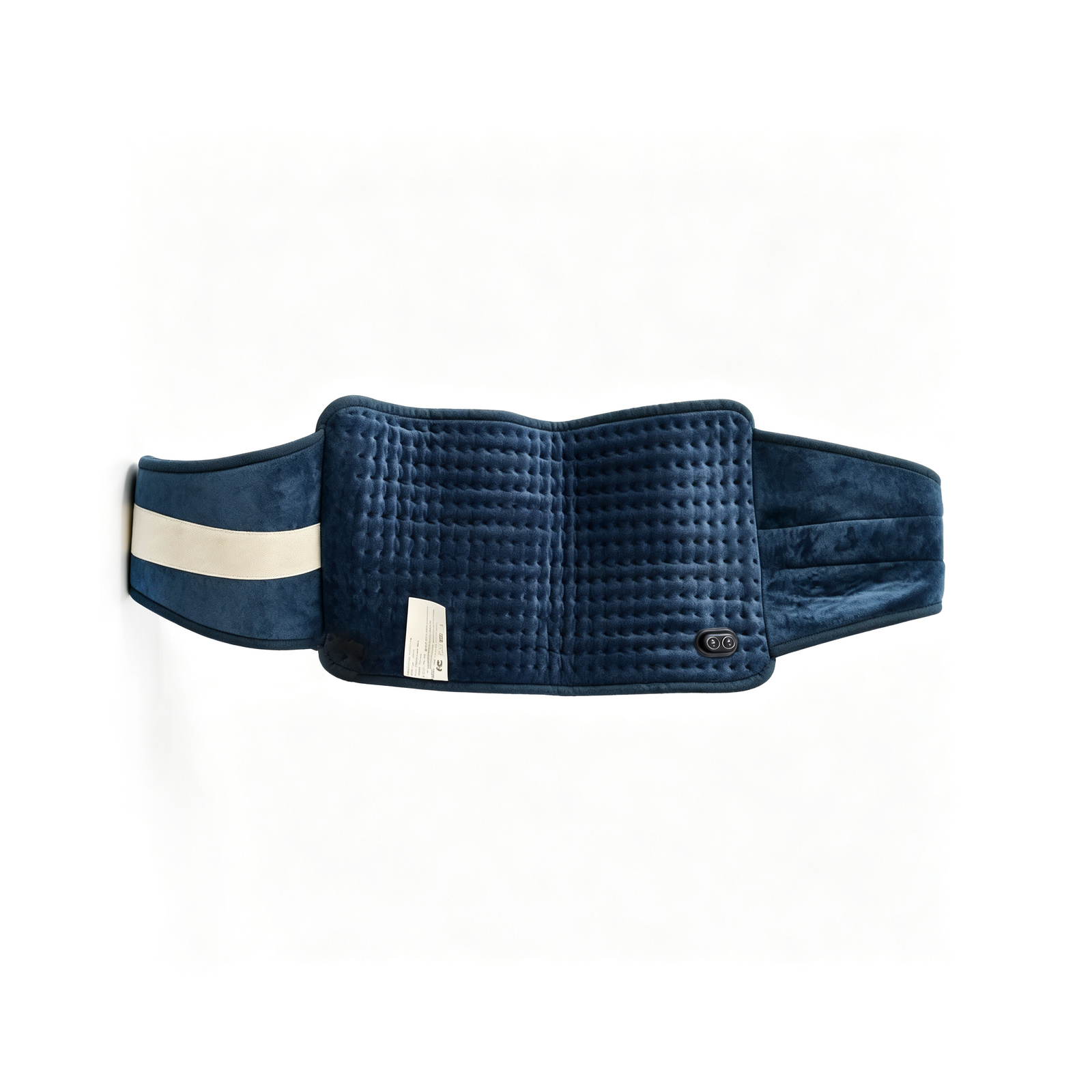 Blue heated wrap pad with quilted surface, adjustable straps and control button on the right side