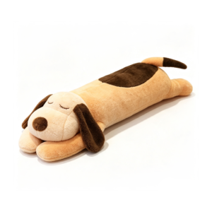 Brown dog heated plush toy pillow with soft long body on a white background