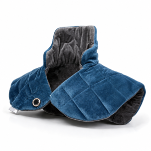 Blue neck and shoulder heating pad with soft wraparound design and black circular control button on the left side