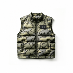 Camouflage heated vest with dual chest control buttons for independent front and back heating