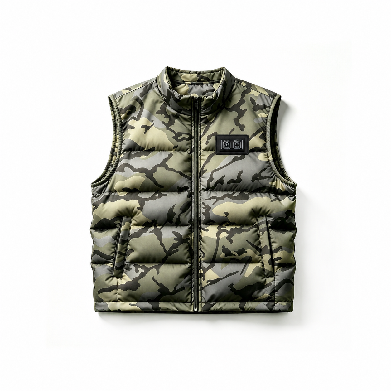 Camouflage heated vest with dual chest control buttons for independent front and back heating