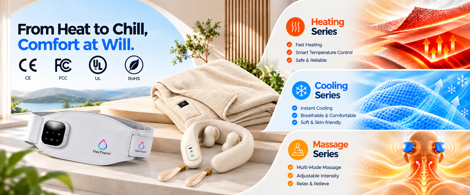 Supplied FlexTherm heating blanket, waist wrap and neck massager artwork with heating, cooling and massage series